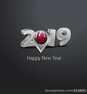 Happy New Year 2019 Grey Typography with Wales Flag Location Pin. Country Flag Design