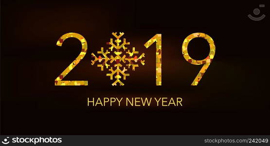 Happy New Year 2019 text design. Greeting illustration with golden numbers and snowflake