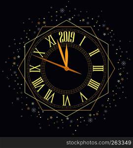 Happy New Year 2019, vector illustration Christmas background with clock showing year. Happy New Year 2019