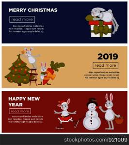 Happy New Year 2019 web pages with text sample vector. Bunny wearing skirt, drinking tea, decorating christmas evergreen tree with balls. Snowman with carrot nose and wreath with mistletoe leaves. Happy New Year 2019 web pages with text sample vector.