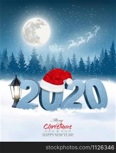 Happy New Year 2020 background with a winter landscape and Santa Hat. Vector.