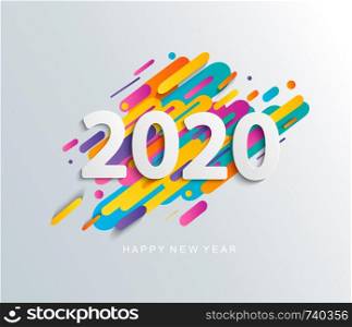 Happy new year 2020 card on modern dynamic background. Perfect for presentations, flyers and banners, leaflets, postcards and posters. Vector illustration.. New Year 2020 card on modern motion background.