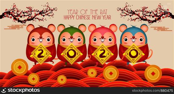 Happy New Year 2020. Five little rats holding a sign golden Chinese characters 2020. The year of the rat. Translation Happy New Year