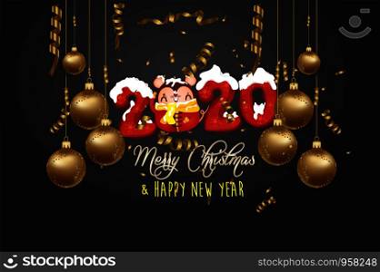 happy new year 2020 gold and black collors place for text christmas balls and rat
