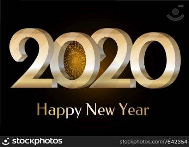 Happy New Year 2020 greeting card in golden and black color. Winter holiday postcard with firework symbol. Christmas festival poster decorated by date and salute sign in flat design color vector. Winter Holiday Postcard with Firework 2020 Vector