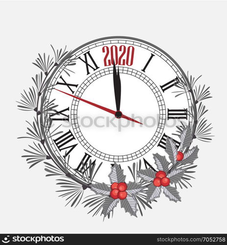 Happy New Year 2020. Happy New Year 2020, vector illustration Christmas background with clock showing year. Decoration of pine and mistletoe