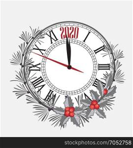 Happy New Year 2020. Happy New Year 2020, vector illustration Christmas background with clock showing year. Decoration of pine and mistletoe