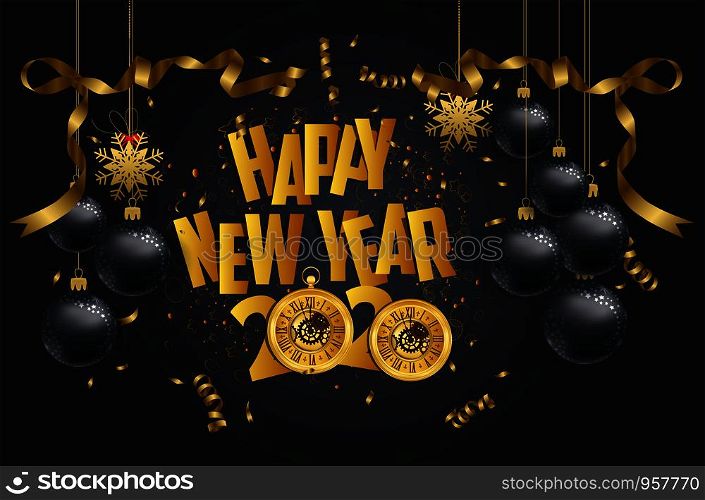 Happy New Year 2020 - New Year Shining background with gold clock and glitter
