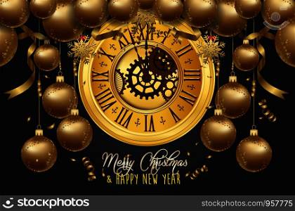 Happy New Year 2020 - New Year Shining background with gold clock and glitter