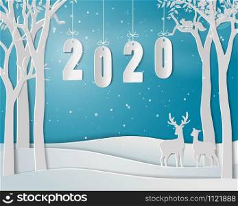 Happy new year 2020 on blue background,paper art design with deer family in winter season,vector illustration