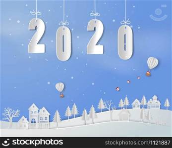 Happy new year 2020 on paper art background,white balloon with gift box floating above countryside,vector illustration