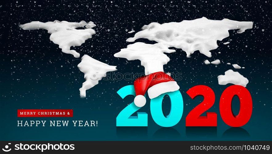 Happy New Year 2020 on the background of a snowy ice world map. Numbers 2020 under the hat of Santa Claus. Vector illustration. Happy New Year 2020 on the background of a snowy ice world map. Numbers 2020 under the hat of Santa Claus. Vector