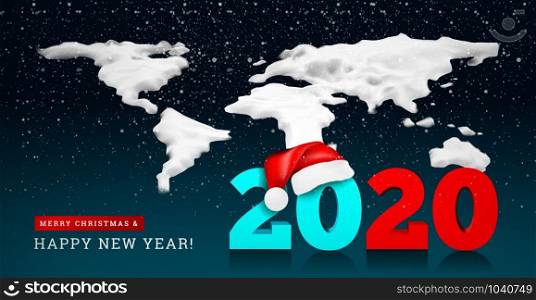 Happy New Year 2020 on the background of a snowy ice world map. Numbers 2020 under the hat of Santa Claus. Vector illustration. Happy New Year 2020 on the background of a snowy ice world map. Numbers 2020 under the hat of Santa Claus. Vector