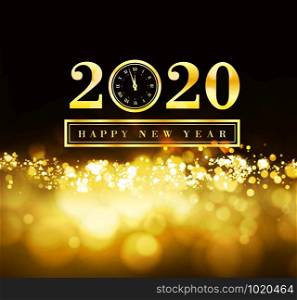 Happy New Year 2020 with gold particles and a clock in the number zero. Vector golden illustration on a dark background.. Happy New Year 2020 with gold particles and a clock in the number zero. Vector golden illustration