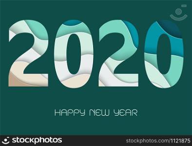 Happy new year 2020 with paper art numbers in green and blue colors,for decorative greeting card or calendar