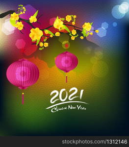 Happy new year 2021. Chinese new year, year of the ox , flower and asian elements with craft style on background.