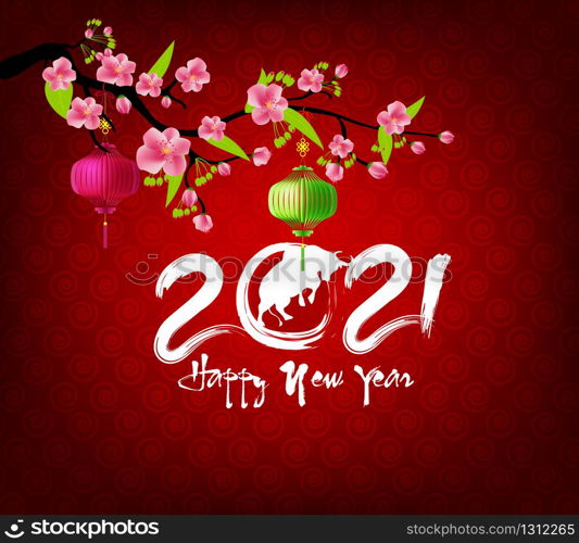 Happy new year 2021. Chinese new year, year of the ox , flower and asian elements with craft style on background.