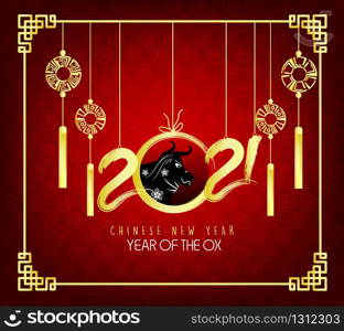 Happy new year 2021. Chinese new year, year of the ox , flower and asian elements with craft style on background.