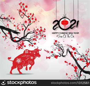 Happy new year 2021. Chinese new year, year of the ox , flower and asian elements with craft style on background.