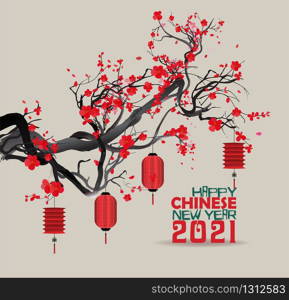 Happy new year 2021. Chinese new year, year of the ox , flower and asian elements with craft style on background.