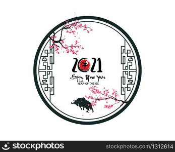 Happy new year 2021. Chinese new year, year of the ox , flower and asian elements with craft style on background.