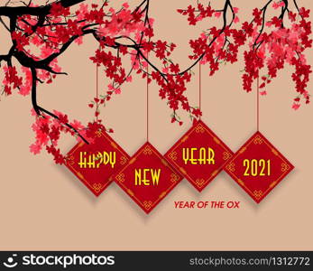 Happy new year 2021. Chinese new year, year of the ox , flower and asian elements with craft style on background.