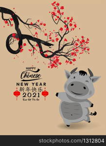 Happy new year 2021. Chinese new year, year of the ox , flower and asian elements with craft style on background.