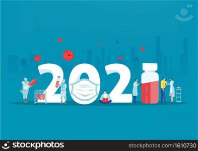 Happy New Year 2021 New normal after COVID-19 pandemic Doctor, syringe Vaccination against coronavirus Health, medicine