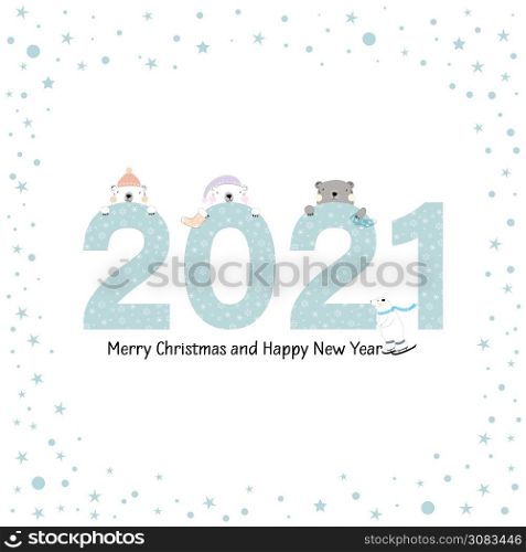 Happy New year 2021 on blue pastel colour with polar bear and star on frame,Kawaii flat cartoon design, vector Illustration for new year or Chritmas Greeting card and invitation card