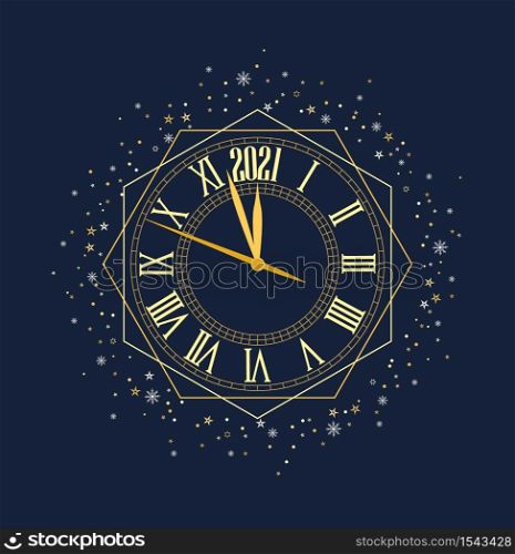 Happy New Year 2021, vector illustration Christmas background with clock showing year. Happy New Year 2021