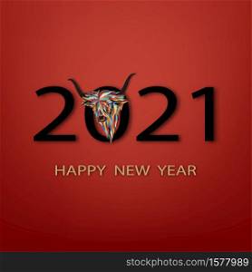 Happy New Year 2021 with colorful paper cut ox,Vector illustration Happy Chinese new year greeting card with head cow on 2021 in red background, Animal holidays character zodiac,Year of ox