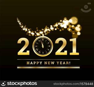 Happy New Year 2021 with gold particles and a clock in the number zero. Vector golden illustration on a dark background.. Happy New Year 2021 with gold particles and a clock in the number zero. Vector golden illustration