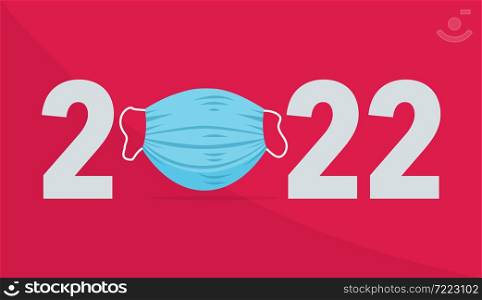 Happy New Year 2022. 2022 with a protective face mask. face mask for covid-19 coronavirus on red background