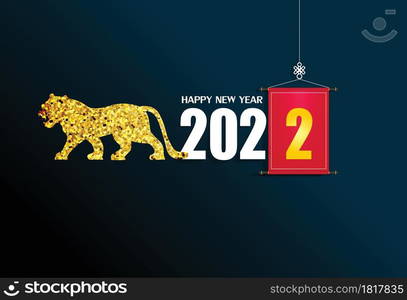 Happy new year 2022 background. Golden shiny numbers with confetti and ribbons on black background. Holiday greeting card design.