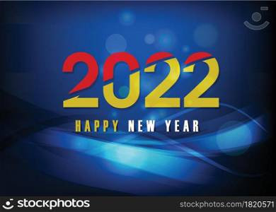 Happy new year 2022 background. Golden shiny numbers with confetti and ribbons on black background. Holiday greeting card design.