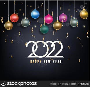 Happy new year 2022 background. Golden shiny numbers with confetti and ribbons on black background. Holiday greeting card design.