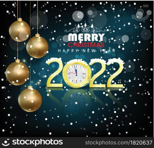 Happy new year 2022 background. Golden shiny numbers with confetti and ribbons on black background. Holiday greeting card design.