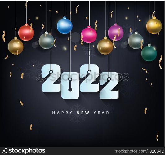 Happy new year 2022 background. Golden shiny numbers with confetti and ribbons on black background. Holiday greeting card design.