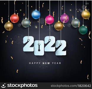 Happy new year 2022 background. Golden shiny numbers with confetti and ribbons on black background. Holiday greeting card design.