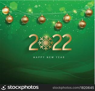 Happy new year 2022 background. Golden shiny numbers with confetti and ribbons on black background. Holiday greeting card design.