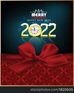 Happy new year 2022 background. Golden shiny numbers with confetti and ribbons on black background. Holiday greeting card design.