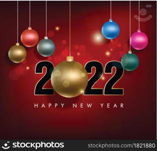 Happy new year 2022 background. Golden shiny numbers with confetti and ribbons on black background. Holiday greeting card design.