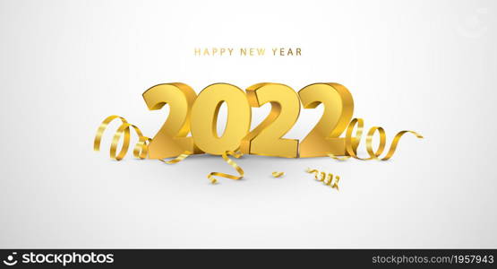 Happy New Year 2022 background. Greeting card design template gold confetti. Celebrate brochure or flyer.