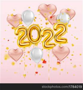 Happy New Year 2022 Gold balloons, stage podium. Golden foil numerals, pink hearts balloons with, confetti, ribbons, poster, banner. Vector realistic 3D illustration isolated. Happy New Year 2022 Gold balloons. Golden foil numerals, pink hearts balloons with, confetti, ribbons, poster, banner. Vector realistic 3D illustration