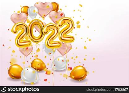 Happy New Year 2022 Gold balloons, stage studio. Golden foil numerals, pink hearts balloons with, confetti, ribbons, poster, banner. Vector realistic 3D illustration isolated. Happy New Year 2022 Gold balloons, stage studio. Golden foil numerals, pink hearts balloons with, confetti, ribbons, poster, banner. Vector realistic 3D illustration