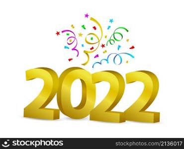 Happy New Year 2022 gold numbers with confetti. Vector holiday illustration with 2022 text design.
