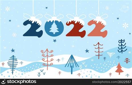 Happy new year, 2022 greeting card. Winter christmas holiday background