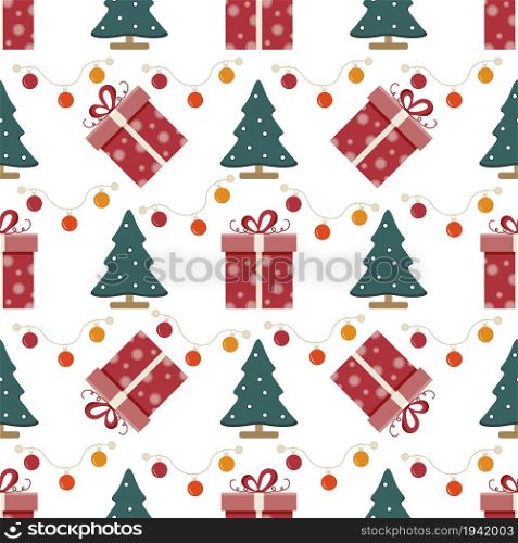 Happy New Year 2022 Merry Christmas Seamless Pattern Vector illustration with Christmas tree Gift Bulb Festive Tradition symbol Holiday Celebrate