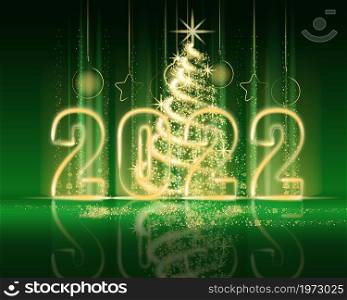 Happy New Year 2022. Merry Christmas tree gold lights dust decoration, golden blurred magic glow on green background. Merry Christmas holiday celebration. Vector illustration banner greeting card isolated. Happy New Year 2022. Merry Christmas tree gold lights dust decoration, golden blurred magic glow on green background. Merry Christmas holiday celebration. Vector illustration banner greeting card