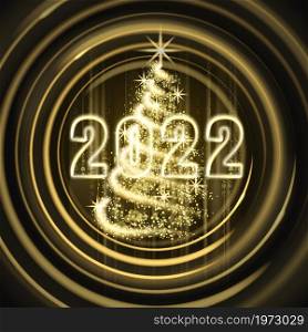 Happy New Year 2022. Merry Christmas tree gold lights dust decoration, golden blurred magic glow on black background. Merry Christmas holiday celebration. Vector illustration banner greeting card isolated. Happy New Year 2022. Merry Christmas tree gold lights dust decoration, golden blurred magic glow on black background. Merry Christmas holiday celebration. Vector illustration banner greeting card